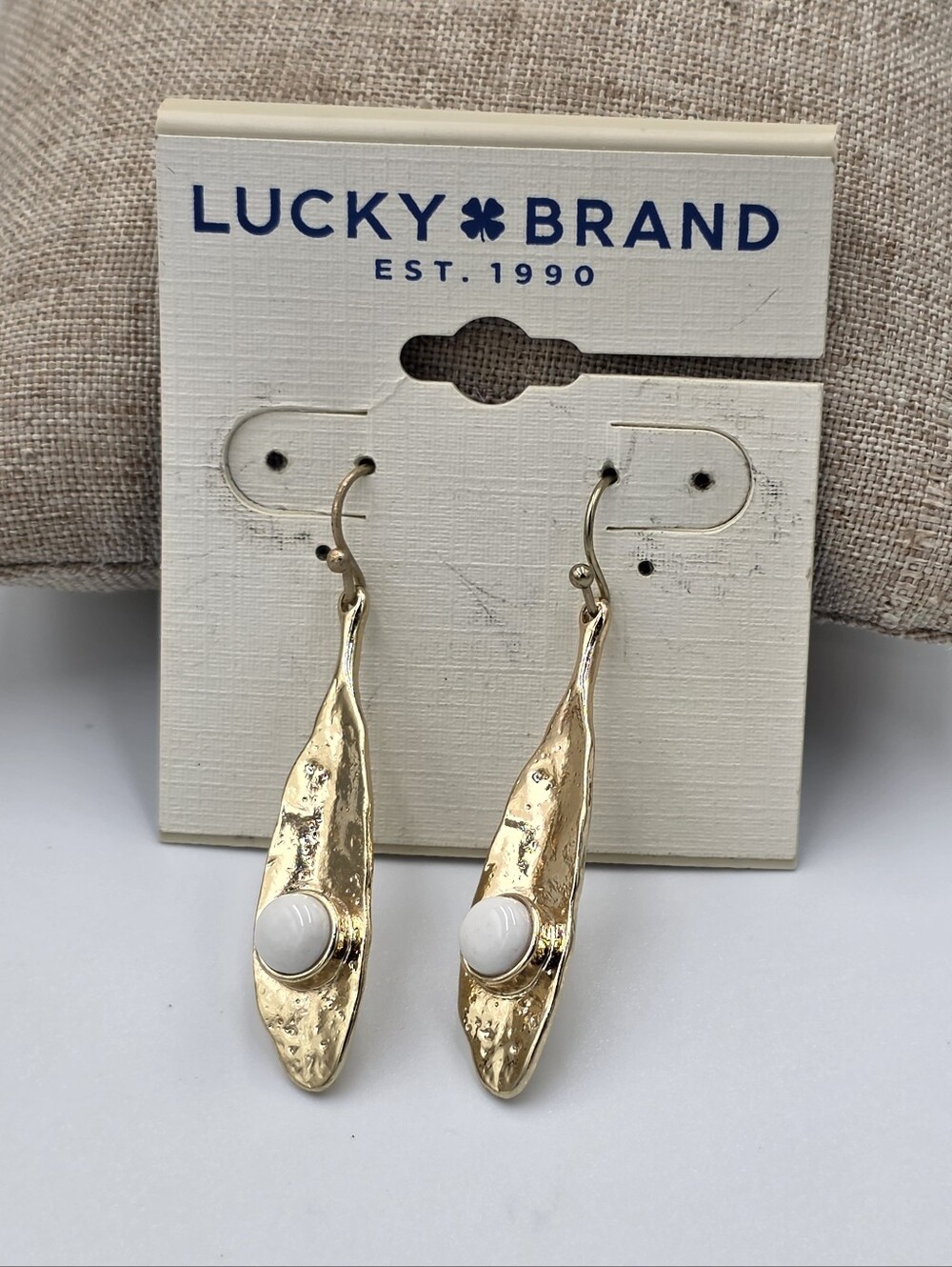 Lucky Brand Hammered Gold Tone White Stone Petal Drop Earrings French Hook NEW - Picture 2 of 3